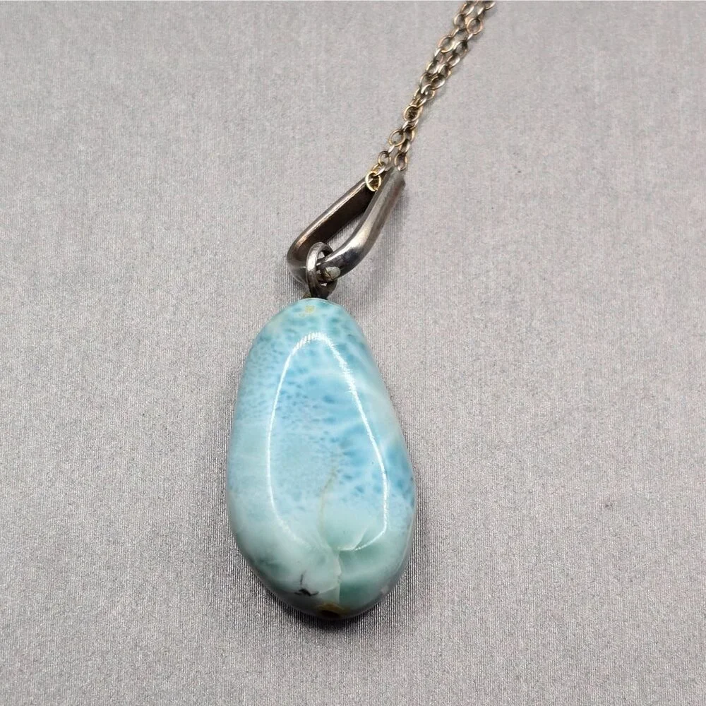 VTG Sterling Silver Larimar Pendant Necklace 18" Teardrop Signed F 6.79g - Picture 4 of 15